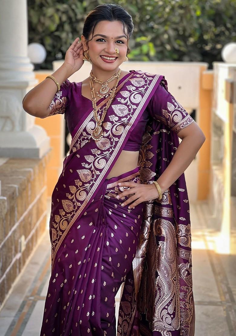 Burgundy Embroidered Blended Saree Set - Indya