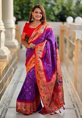 Purple Embroidered Blended Saree Set