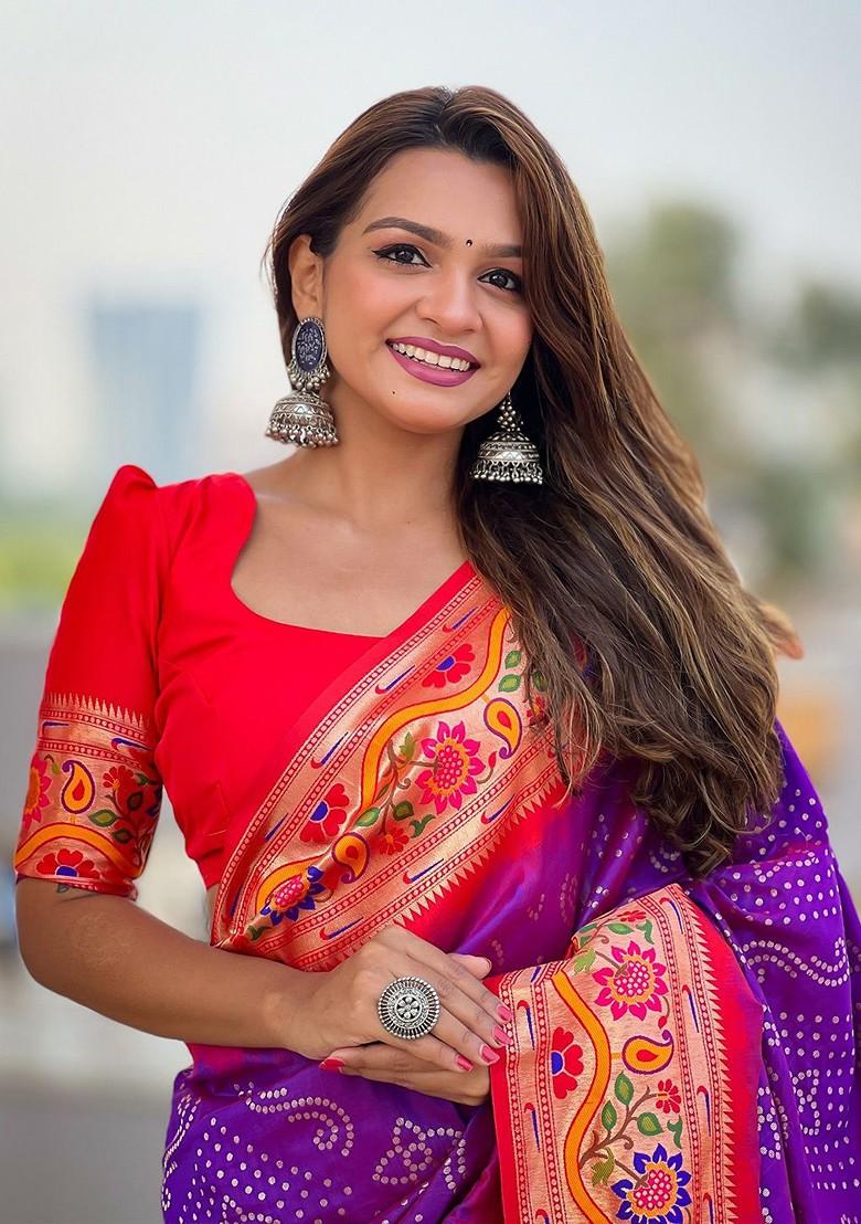 Purple Embroidered Blended Saree Set - Indya