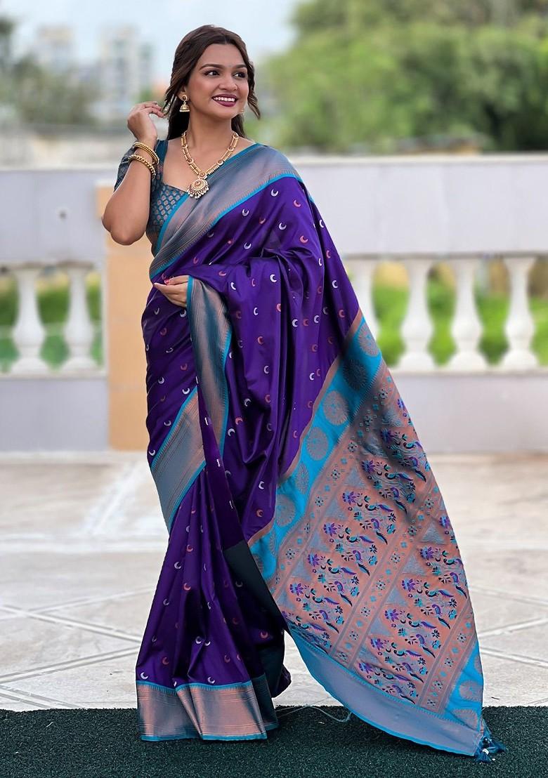 Purple Embroidered Blended Saree Set - Indya