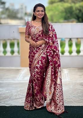 Purple Embroidered Blended Saree Set