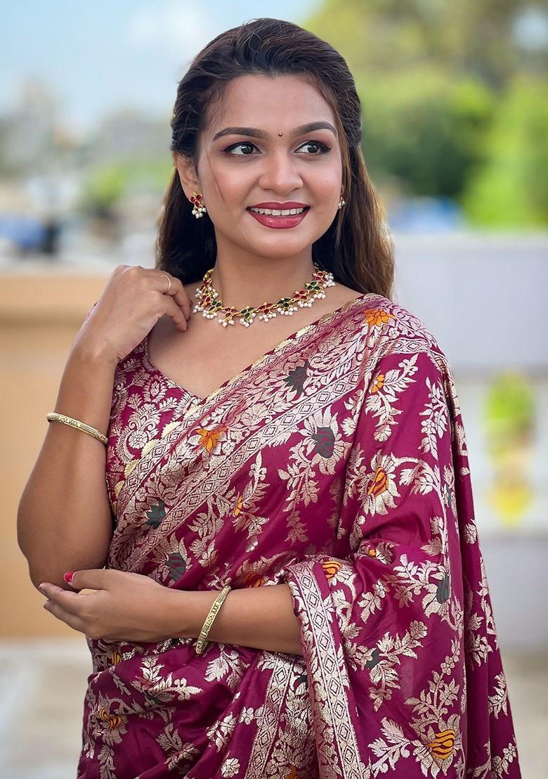 Purple Embroidered Blended Saree Set - Indya