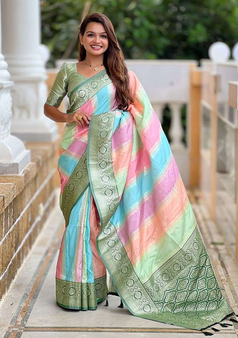 Green Blended Saree Set with Embroidered for Diwali | Wedding & Festive Wear - Indya