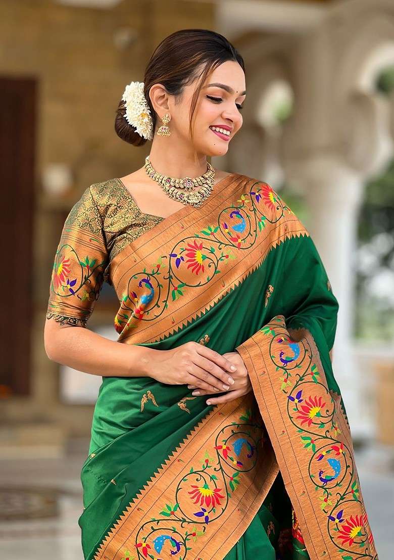 Green Embroidered Blended Saree Set - Indya