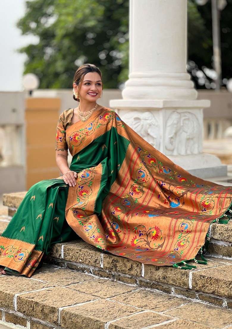 Green Embroidered Blended Saree Set - Indya