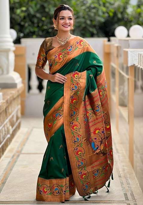 Green Blended Saree Set with Embroidered for Diwali | Wedding & Festive Wear