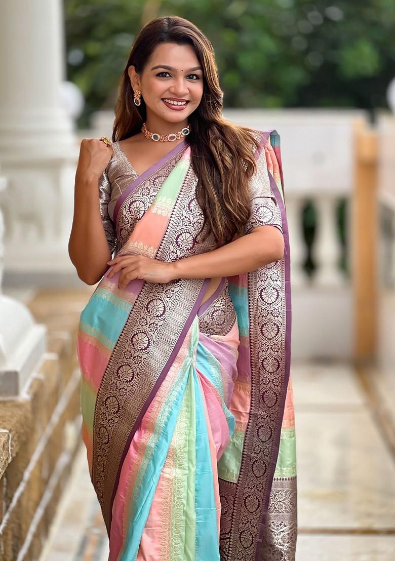 Purple Embroidered Blended Saree Set - Indya