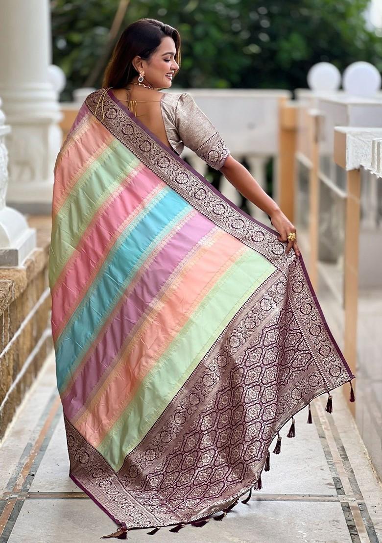 Purple Embroidered Blended Saree Set - Indya