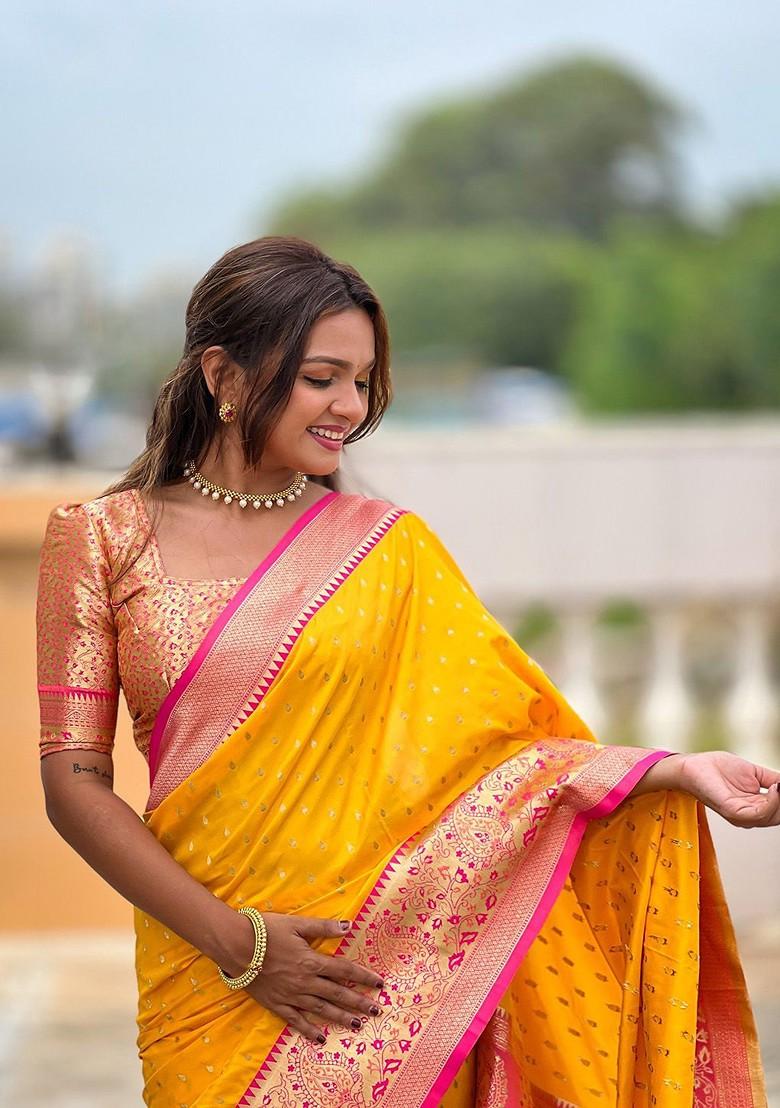 Yellow Embroidered Blended Saree Set - Indya