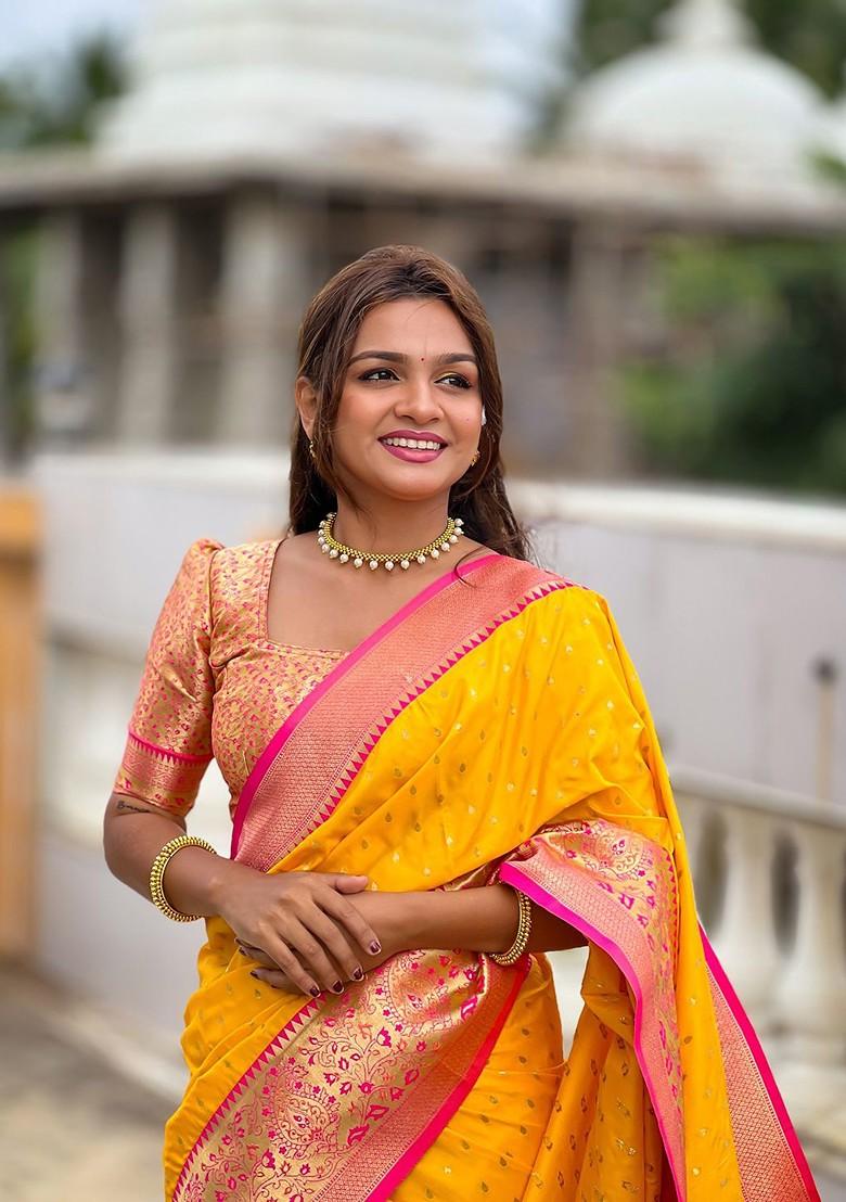 Yellow Embroidered Blended Saree Set - Indya