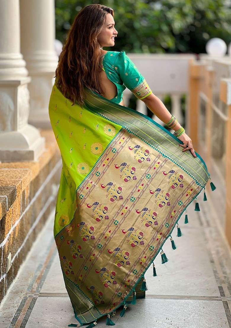 Green Embroidered Blended Saree Set - Indya