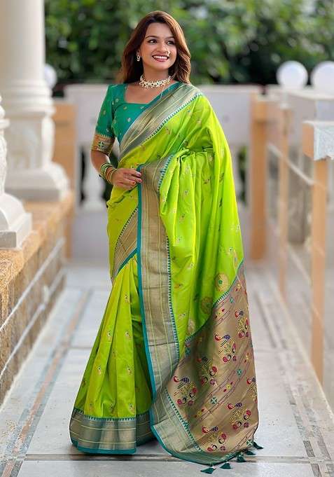 Green Blended Saree Set with Embroidered for Diwali | Wedding & Festive Wear