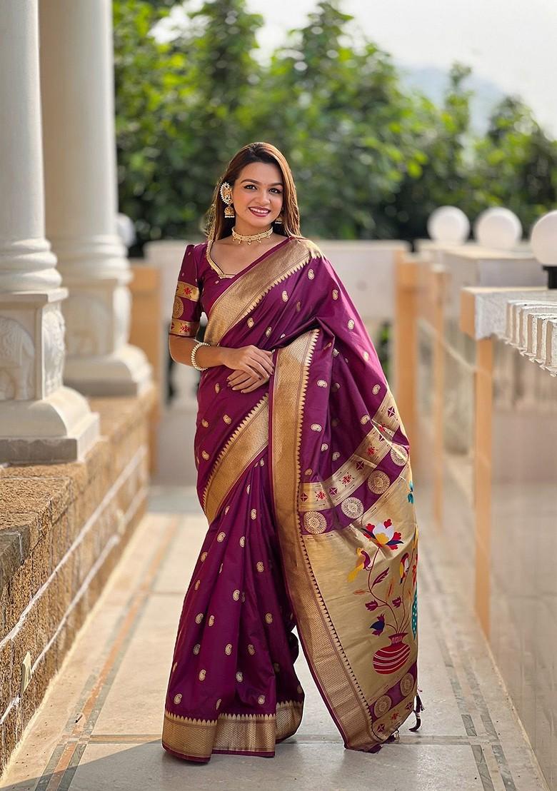 Purple Embroidered Blended Saree Set - Indya
