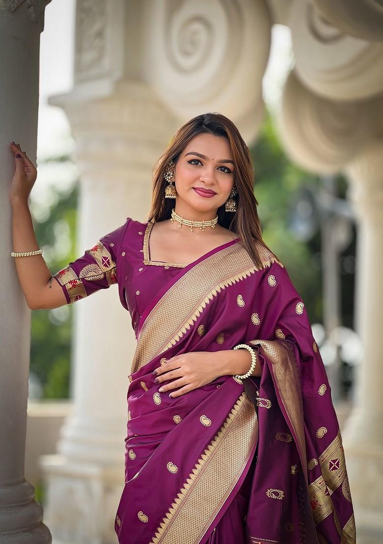 Purple Embroidered Blended Saree Set - Indya
