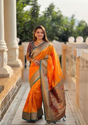 Yellow Embroidered Blended Saree Set