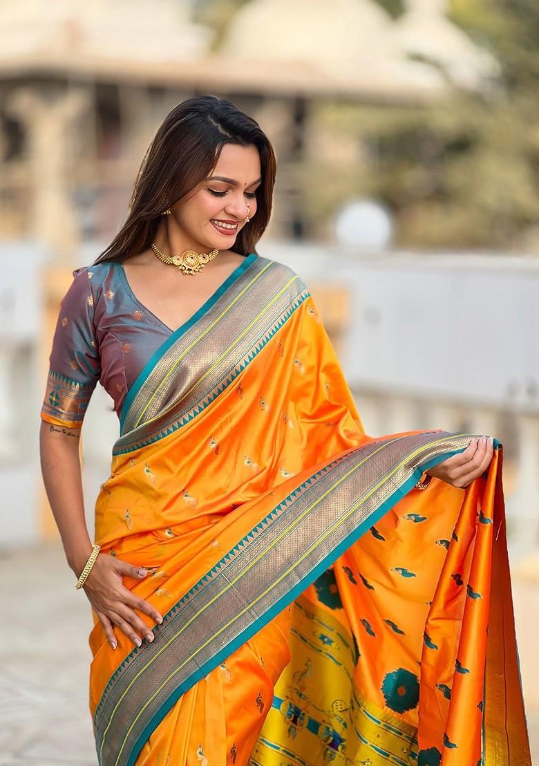 Yellow Embroidered Blended Saree Set - Indya