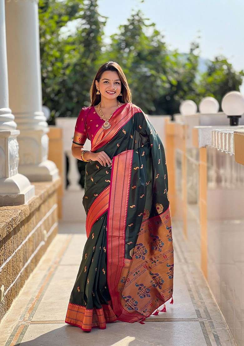 Green Blended Saree Set with Embroidered for Diwali | Wedding & Festive Wear - Indya