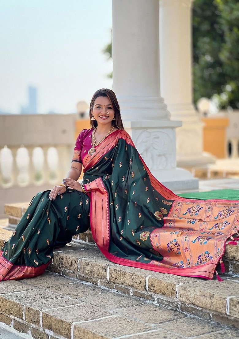 Green Blended Saree Set with Embroidered for Diwali | Wedding & Festive Wear - Indya