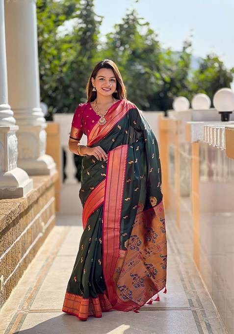 Green Blended Saree Set with Embroidered for Diwali | Wedding & Festive Wear