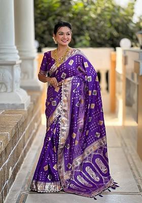 Purple Embroidered Blended Saree Set