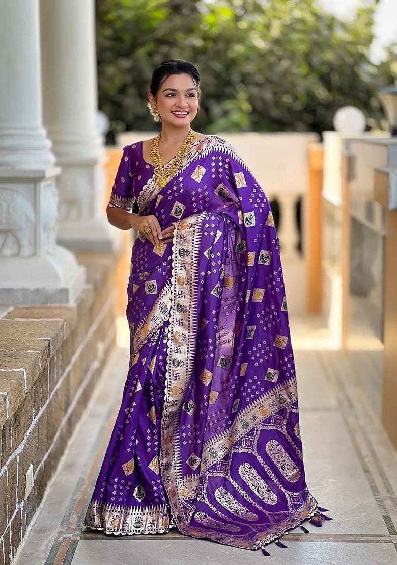 Purple Embroidered Blended Saree Set - Indya