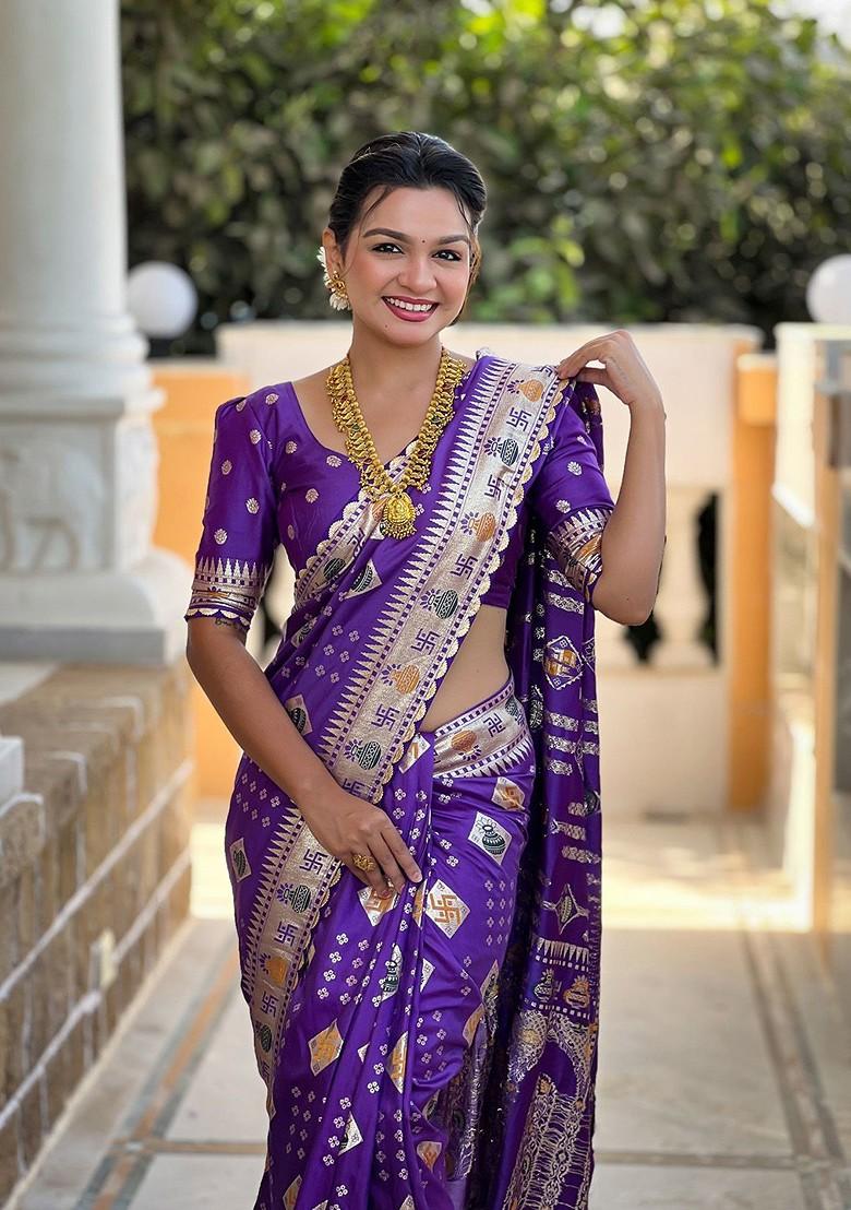 Purple Embroidered Blended Saree Set - Indya