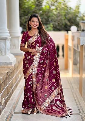 Burgundy Embroidered Blended Saree Set