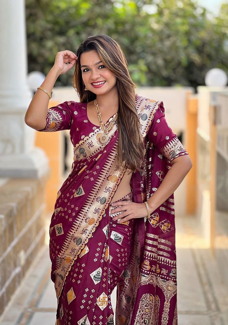 Burgundy Embroidered Blended Saree Set - Indya