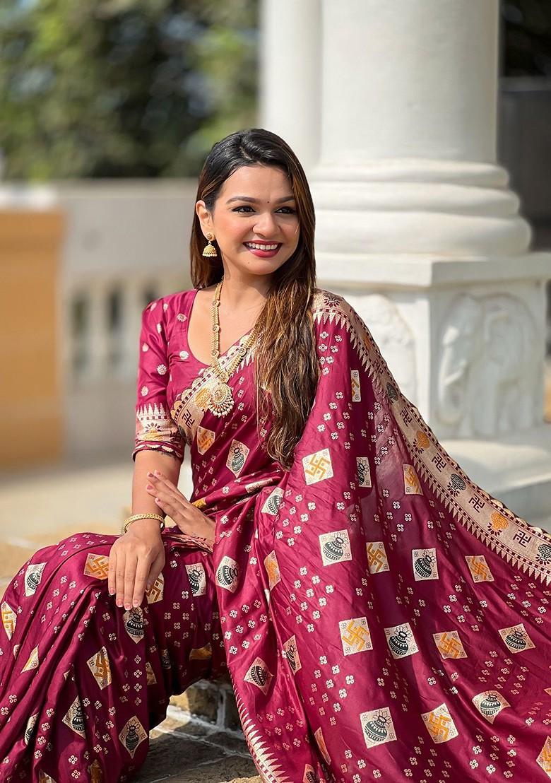 Burgundy Embroidered Blended Saree Set - Indya