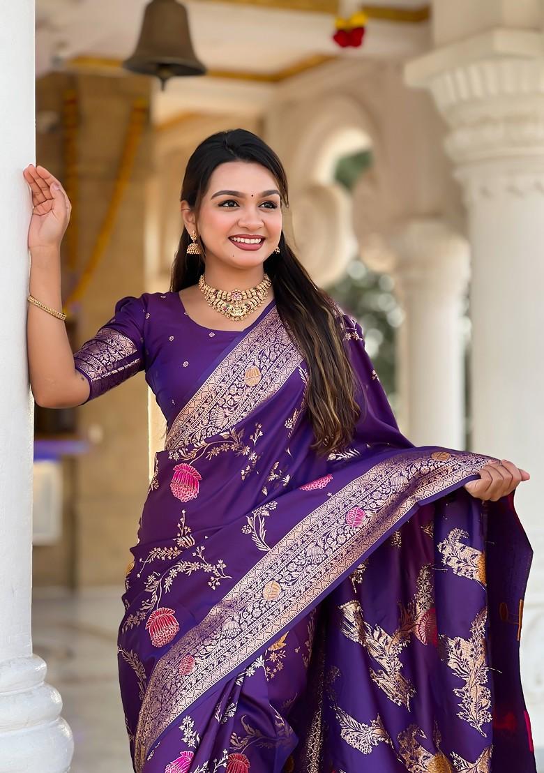 Purple Embroidered Blended Saree Set - Indya