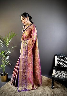 Magenta Embroidered Blended Saree Set