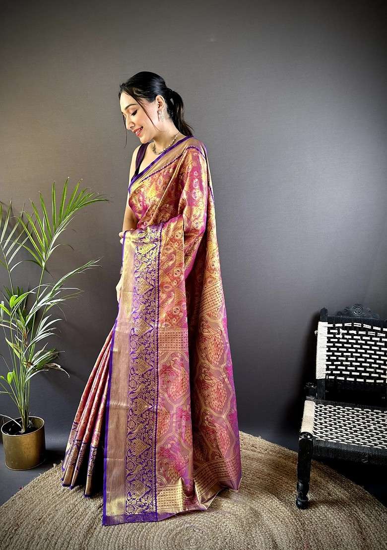 Magenta Embroidered Blended Saree Set for Diwali and Festive Wear - Indya