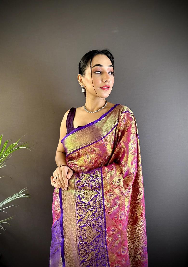 Magenta Embroidered Blended Saree Set - Indya