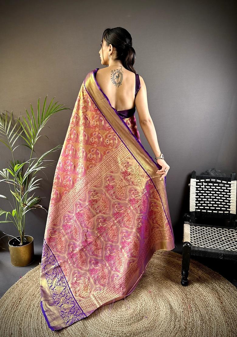 Magenta Embroidered Blended Saree Set - Indya