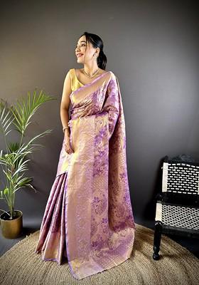Lavender Embroidered Blended Saree Set