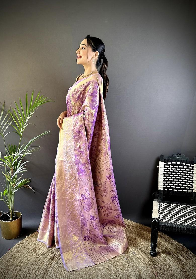 Lavender Embroidered Blended Saree Set - Indya