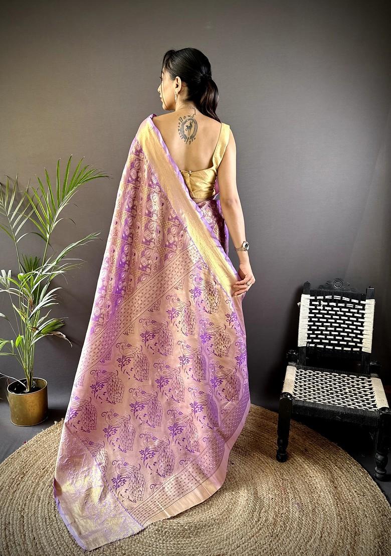 Lavender Embroidered Blended Saree Set - Indya