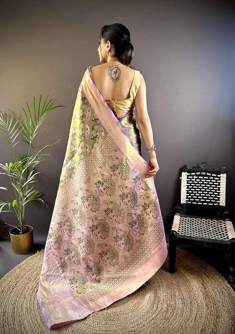 Green Embroidered Blended Saree Set for Diwali and Festive Wear - Indya