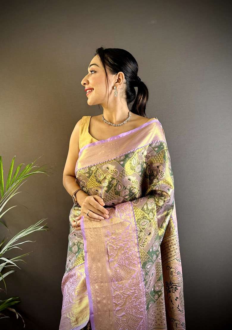 Green Embroidered Blended Saree Set for Diwali and Festive Wear - Indya