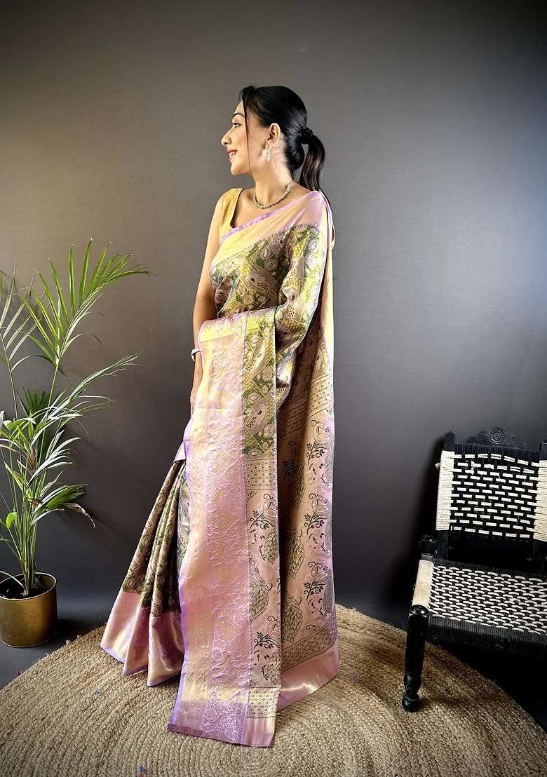 Green Embroidered Blended Saree Set for Diwali and Festive Wear - Indya