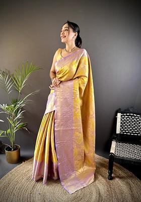 Yellow Embroidered Blended Saree Set