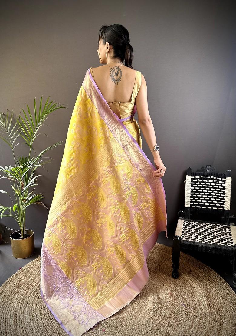 Yellow Embroidered Blended Saree Set - Indya