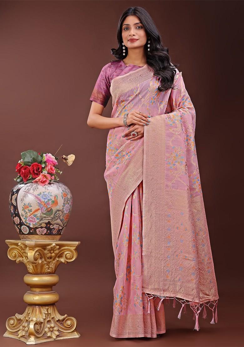 Lavender Embroidered Blended Saree Set - Indya