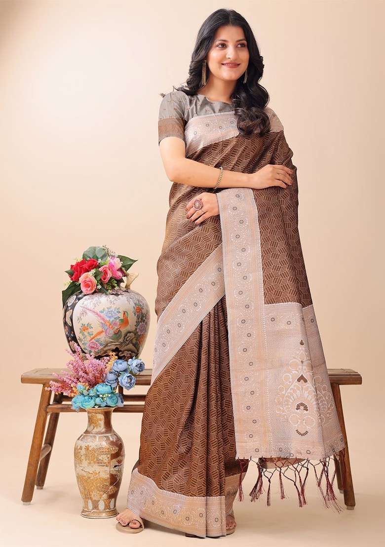 Brown Embroidered Blended Saree Set - Indya