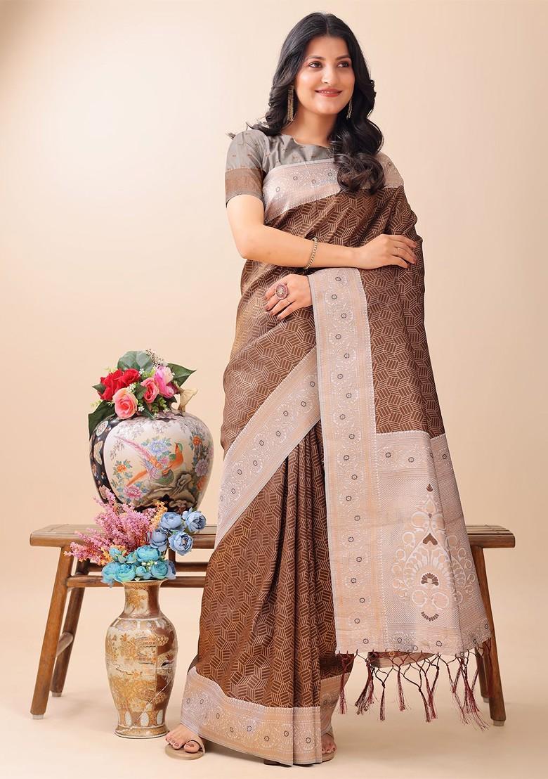 Brown Embroidered Blended Saree Set - Indya
