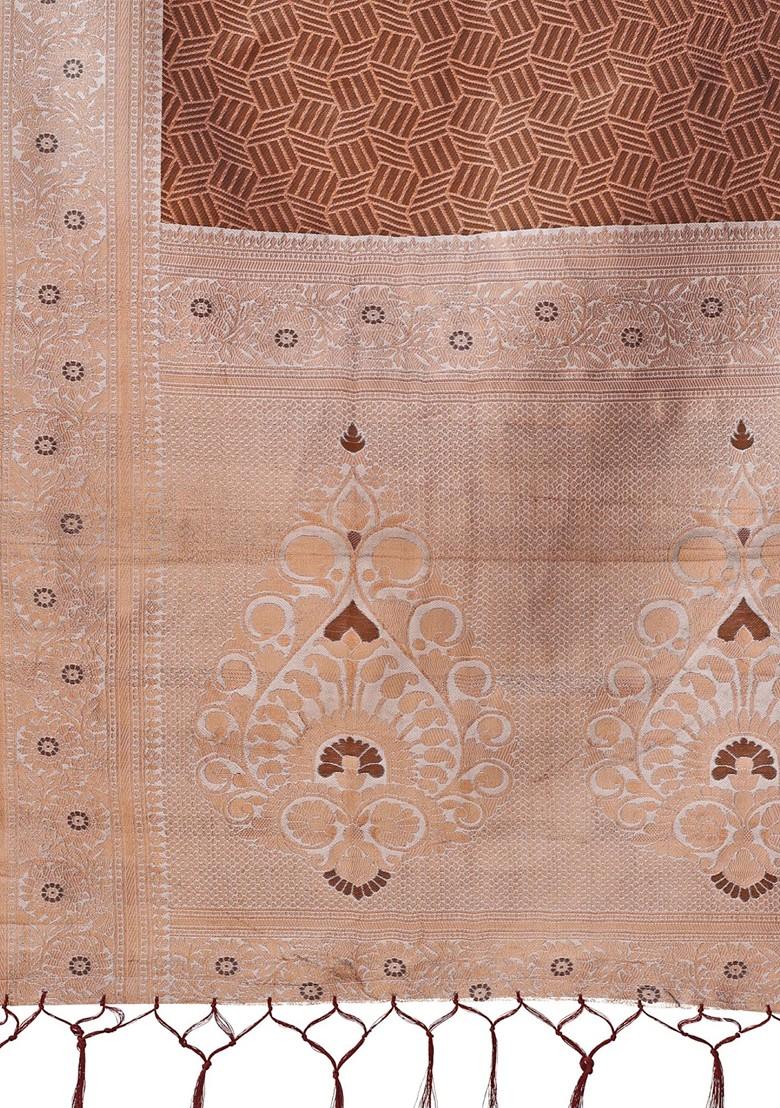 Brown Embroidered Blended Saree Set - Indya