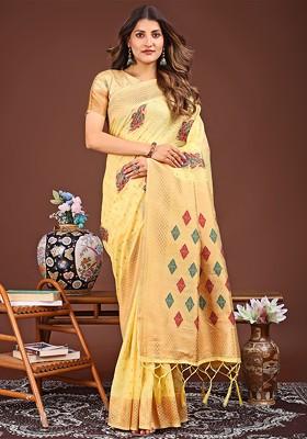 Yellow Embroidered Blended Saree Set