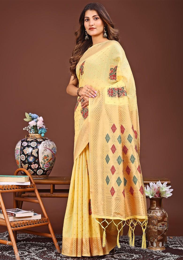 Yellow Embroidered Blended Saree Set - Indya