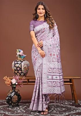 Lavender Embroidered Blended Saree Set