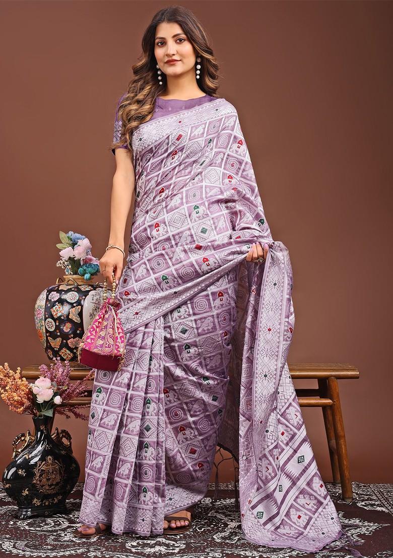 Lavender Embroidered Blended Saree Set - Indya